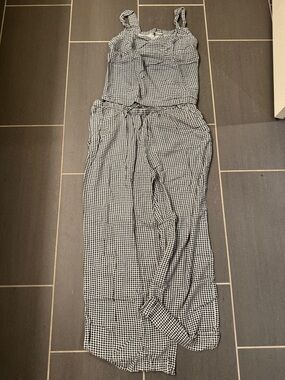 a new day Black/White Linen Top and High-waisted Drawstring Set size L
